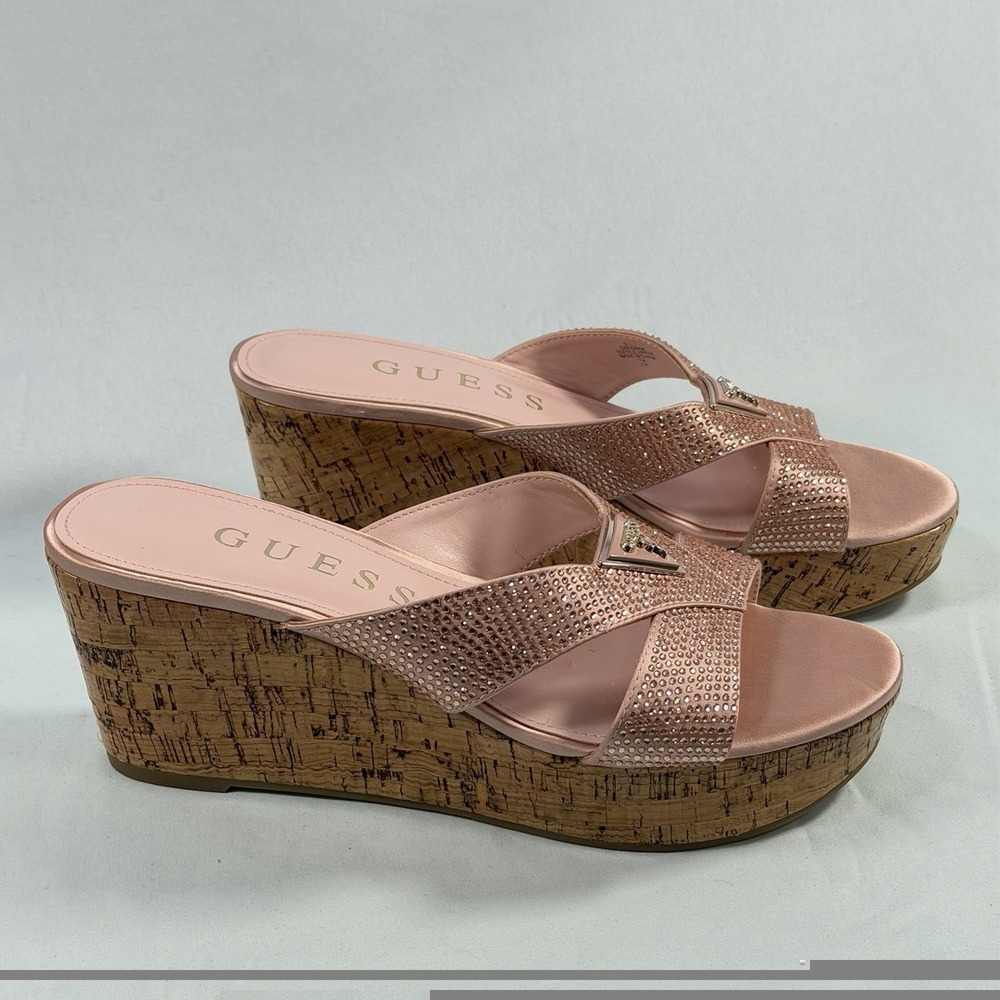 GUESS Size-9M Women's Lonaa Rhinestone Cork Platform Wedge Sandals Pink